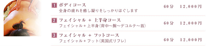 ボディコース フェイシャル ＋ 上半身コース 60分　12,000円 フェイシャル+上半身（背中～腕～デコルテ～首） フェイシャル ＋ フットコース 60分　12,000円 フェイシャル+フット（英国式リフレ）60分　12,000円